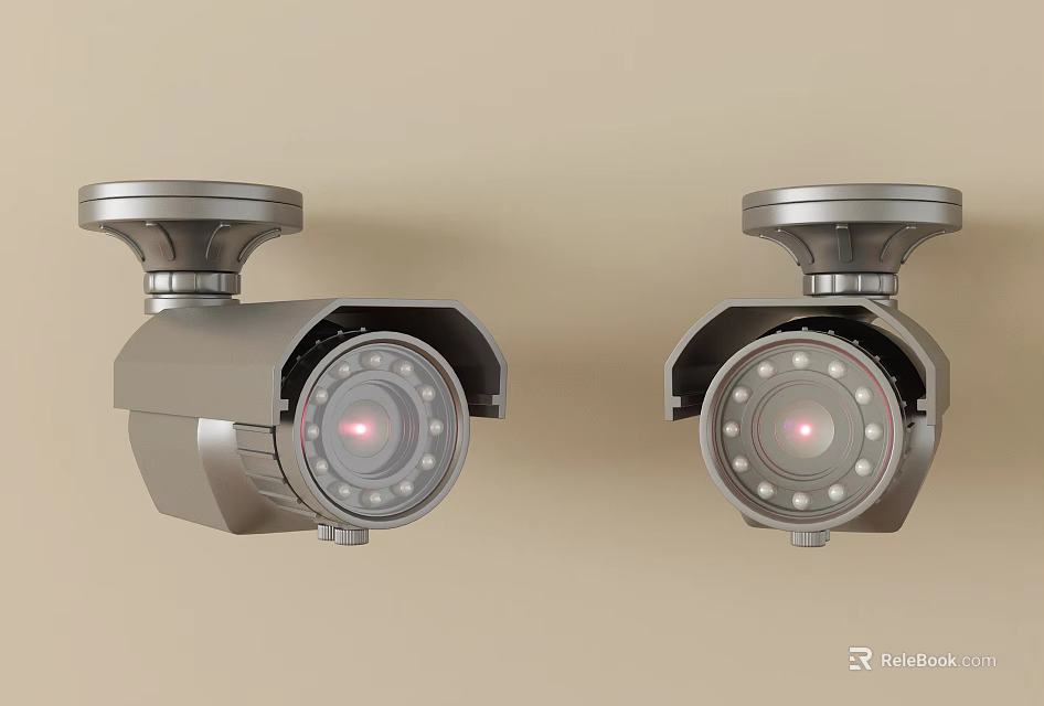 Dual Surveillance Cameras With Silver Metal Housing For Security Monitoring 3d model 