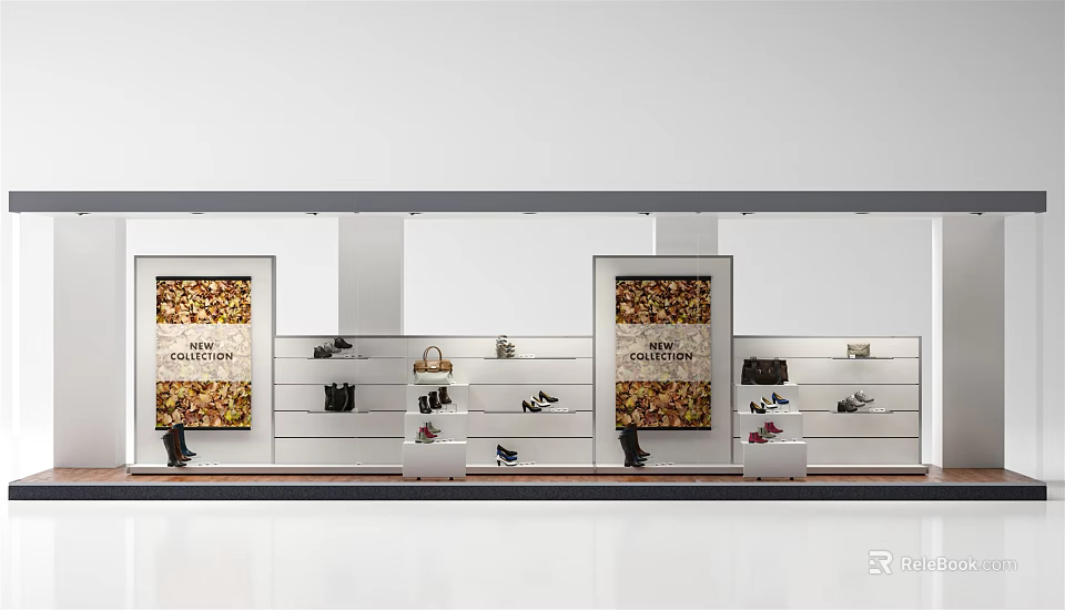 Fashion Window Display with Shoes and Bags on Shelves and Decorative Posters in Modern Retail Space 3d model 