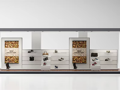 Fashion Window Display with Shoes and Bags on Shelves and Decorative Posters in Modern Retail Space 3d model