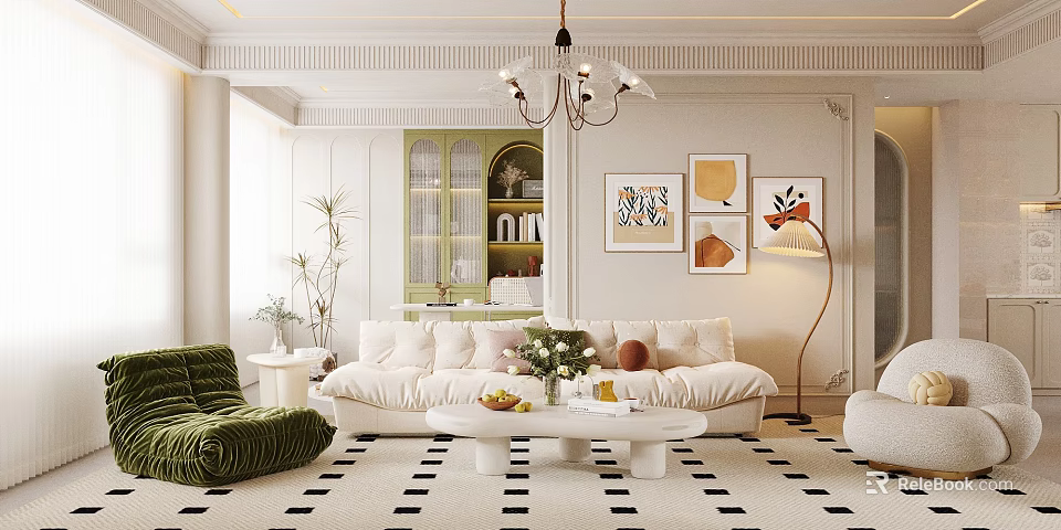 Elegant Living Room Interior Design With White Sofa Green Armchair And Decorative Paintings 3d model 