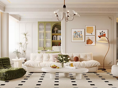 Elegant Living Room Interior Design With White Sofa Green Armchair And Decorative Paintings 3d model