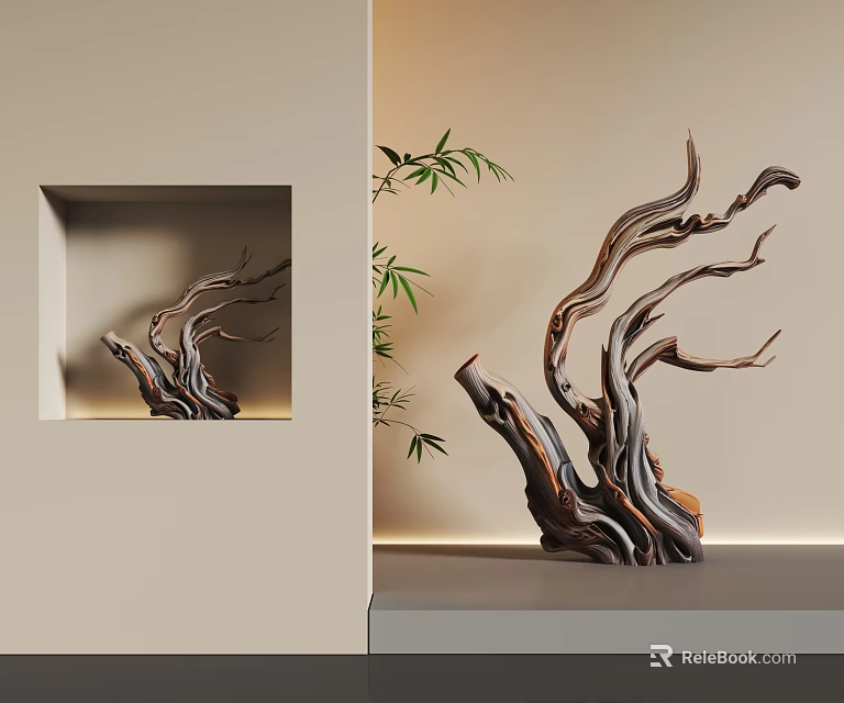 Wooden Sculpture Carving With Branch Like Design And Bamboo In Modern Interior 3d model 