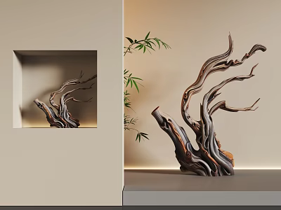 Wooden Sculpture Carving With Branch Like Design And Bamboo In Modern Interior 3d model