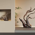 Wooden Sculpture Carving With Branch Like Design And Bamboo In Modern Interior