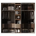 Sleek Modern Glass Door Wardrobe Interior With Hanging Shirts Folded Clothes And LED Lighting