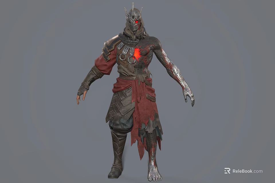Armored Game Fantasy Character With Red Accents Metallic Helmet And Detailed Armor Design 3d model 