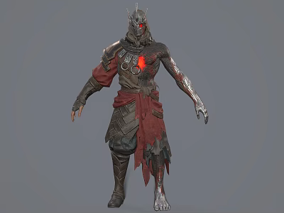 Armored Game Fantasy Character With Red Accents Metallic Helmet And Detailed Armor Design 3d model