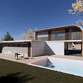 Scenic Modern Guesthouse Complex With Green Lawn Trees And Swimming Pool