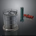 Industrial Equipment Including Large Silver Cylindrical Storage Tank Tall Green Vertical And Red Horizontal Tanks