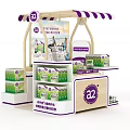 A2 Milk Product Display Kiosk With Purple Striped Awning And Green Packages