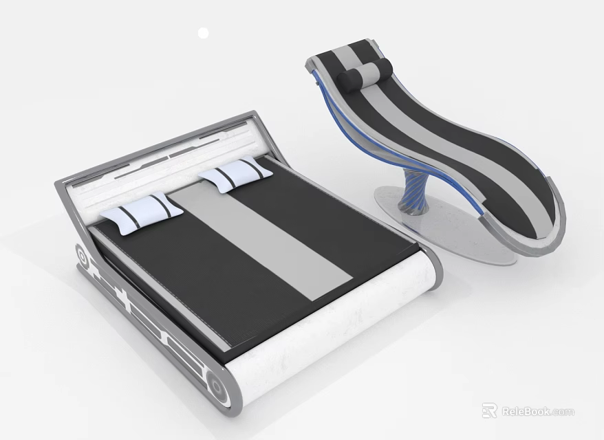 Modern Black And White Bed With Adjustable Frame And Lounge Chair 3d model 