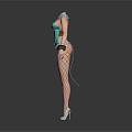 Women In Black And Blue Bodysuits With Fishnet Stockings High Heels And Wrist Cuffs