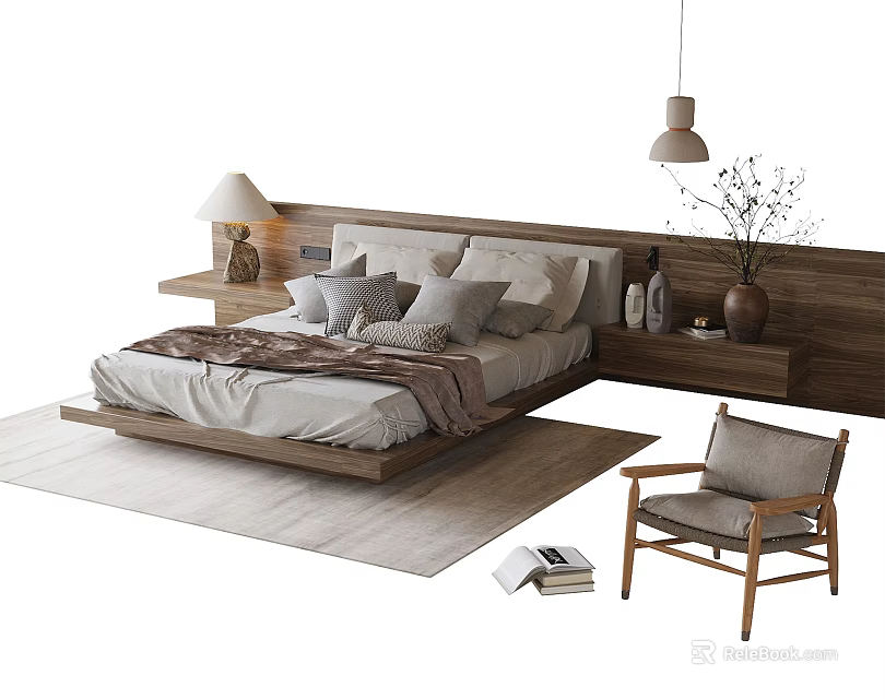 Double Bed with Wooden Headboard Pillows Quilt Side Chair Rug Table Lamp and Books 3d model 