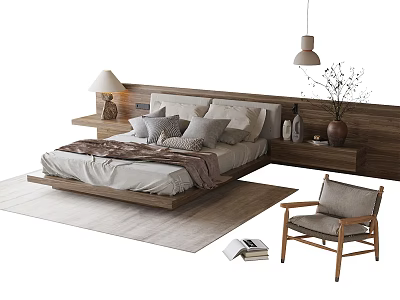 Double Bed with Wooden Headboard Pillows Quilt Side Chair Rug Table Lamp and Books 3d model