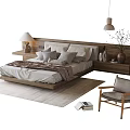 Double Bed with Wooden Headboard Pillows Quilt Side Chair Rug Table Lamp and Books
