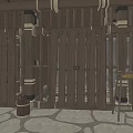 Cartoon Scene Interior With Wooden Structures Stone Walls Two Levels Stone Floor Furniture And Tools