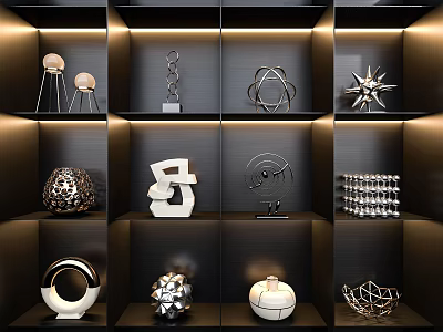 Elegant Decorative Ornament Set on Dark Shelves with Various Geometric Designs and Illuminated 3d model