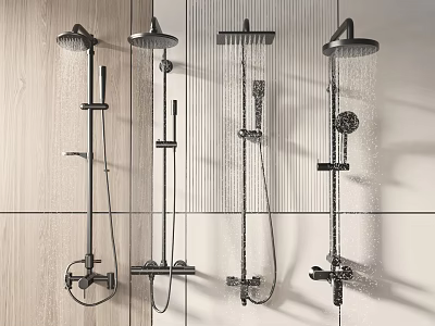 Multiple Wall Mounted Modern Shower Systems with Various Designs and Flowing Water Features 3d model