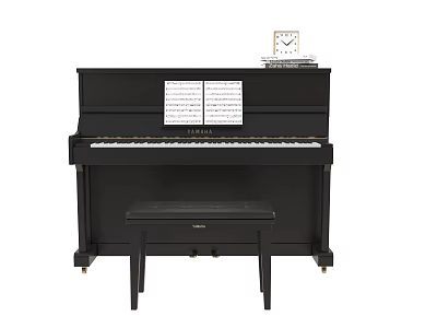 Black Upright Piano with Music Sheet Small Clock and Matching Bench 3d model