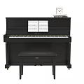 Black Upright Piano with Music Sheet Small Clock and Matching Bench