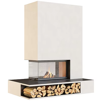 Modern Fireplace Design With Glass Front Flame And Wood Logs Storage Cabinet 3d model