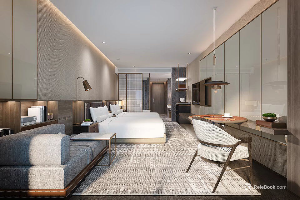 Modern Hotel Room Interior With Comfortable Bed Sofa Table Chair And Lighting 3d model 