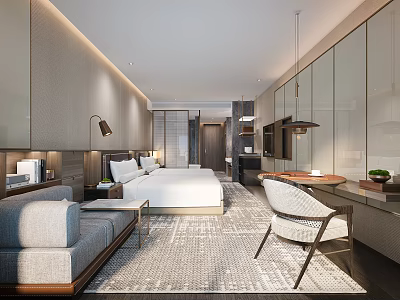 Modern Hotel Room Interior With Comfortable Bed Sofa Table Chair And Lighting 3d model