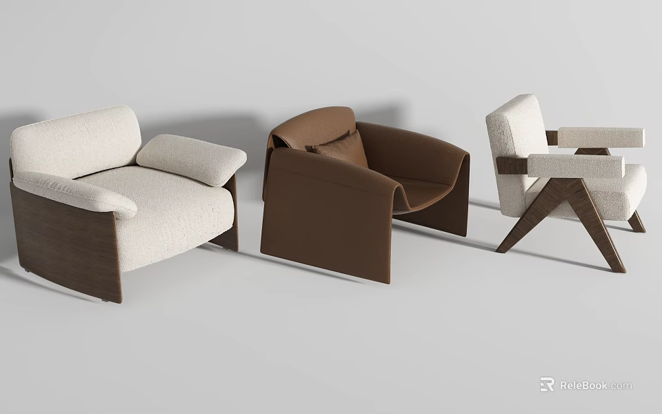 Modern Accent Chairs Featuring Beige Brown White Upholstery And Wooden Armrest Designs 3d model 