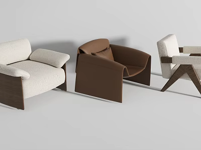 Modern Accent Chairs Featuring Beige Brown White Upholstery And Wooden Armrest Designs 3d model