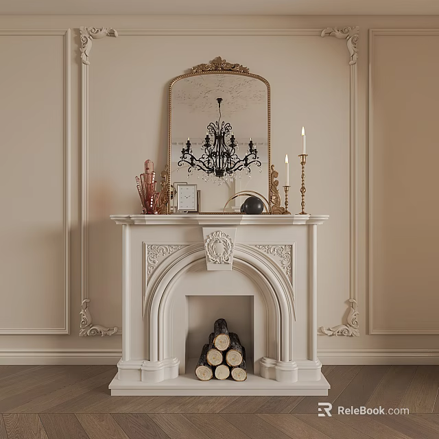 Elegant White Fireplace With Ornate Mirror Brass Candlesticks Carved Details And Stacked Logs 3d model 