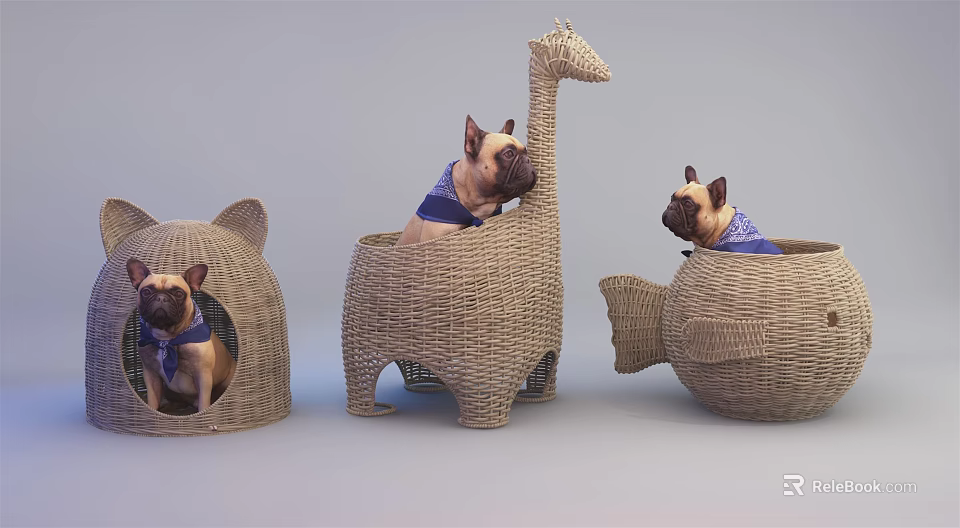 Woven Garden Pet Beds with Cat Ear Giraffe and Fish Shapes French Bulldogs Blue Bandanas 3d model 