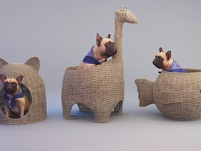 Woven Garden Pet Beds with Cat Ear Giraffe and Fish Shapes French Bulldogs Blue Bandanas 3d model