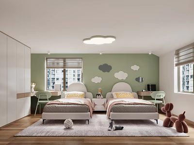 Modern Kids Room Interior With Green Walls Cloud Decorations Two Beds Desks And Stuffed Toys 3d model