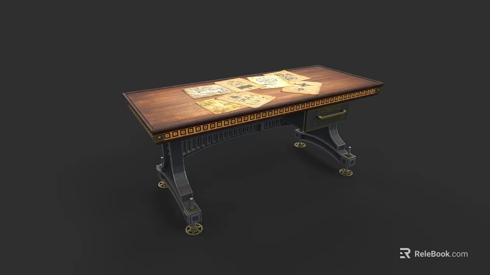 Vintage Wooden Desk With Metal Legs And Papers On Top Surface 3d model 