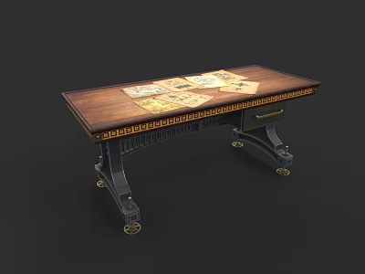 Vintage Wooden Desk With Metal Legs And Papers On Top Surface 3d model