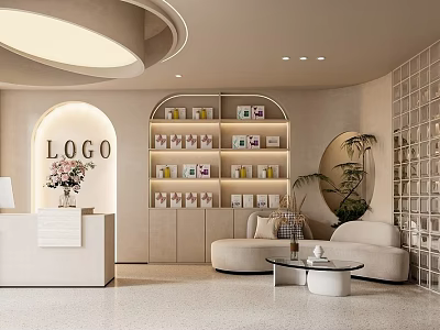 Modern Elegant Beauty Hair Salon Interior With Reception Desk And Product Shelves 3d model