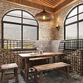 Industrial Style Living Dining Room With Arched Windows Brick Wall And Mountain View