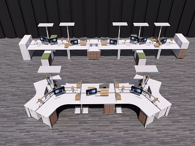 Modern Office Desks Setup With Computers Task Lamps And Organized Layout 3d model