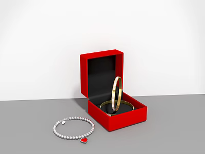 Open Red Jewelry Box Featuring Gold Ring And Pearl Necklace With Red Pendant 3d model