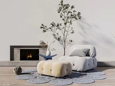 Cozy Living Room Interior With Light Bean Bag Chair Fireplace Tree Round Rugs And Ottoman 3d model