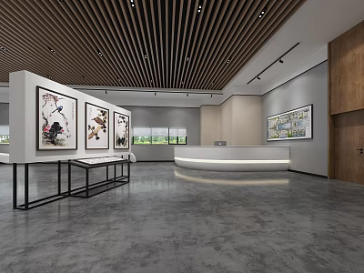 Modern Exhibition Hall Interior With Wooden Slat Ceiling Framed Artworks And Reception Desk 3d model
