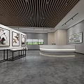 Modern Exhibition Hall Interior With Wooden Slat Ceiling Framed Artworks And Reception Desk