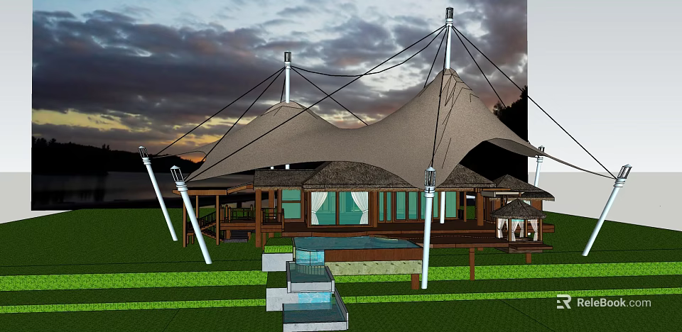 Tensile Membrane Outdoor Structure With Pool Area Wooden Deck And Sunset Sky 3d model 