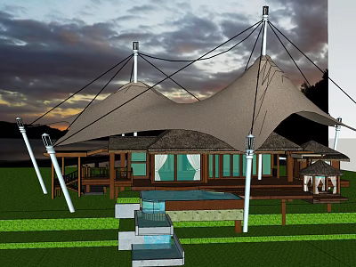 Tensile Membrane Outdoor Structure With Pool Area Wooden Deck And Sunset Sky 3d model