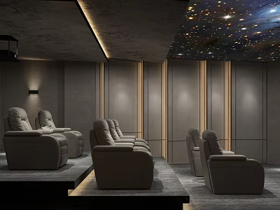 Modern Home Theater Room With Starry Sky Ceiling And Comfortable Seats Wooden Panels 3d model