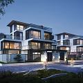 Modern Semi Detached Villa Exterior Design With Night Lighting And Surrounding Landscape