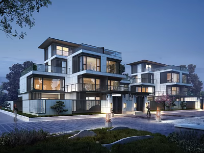 Modern Semi Detached Villa Exterior Design With Night Lighting And Surrounding Landscape 3d model