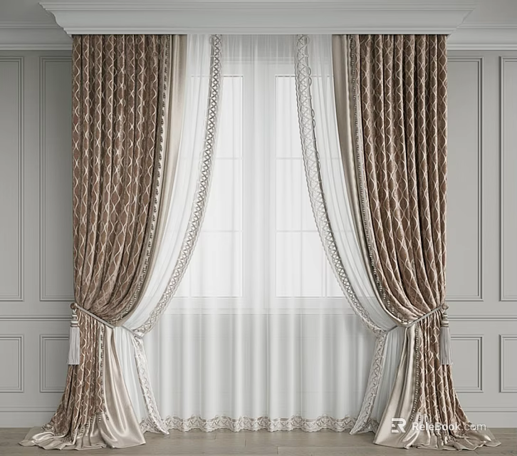 Elegant Brown Patterned Curtains With White Sheer Panels Against Gray Wall Background 3d model 