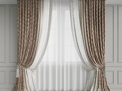 Elegant Brown Patterned Curtains With White Sheer Panels Against Gray Wall Background 3d model