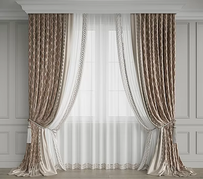 Elegant Brown Patterned Curtains With White Sheer Panels Against Gray Wall Background 3d model